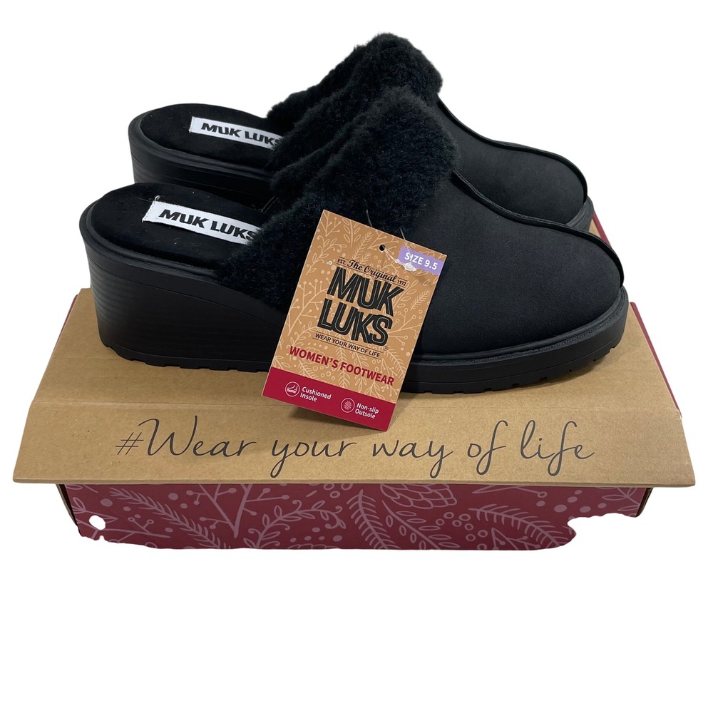 NIB Muk Luks Women's Sophia Mule Black Faux Suede Wedge Clogs Size 9.5 Shoes